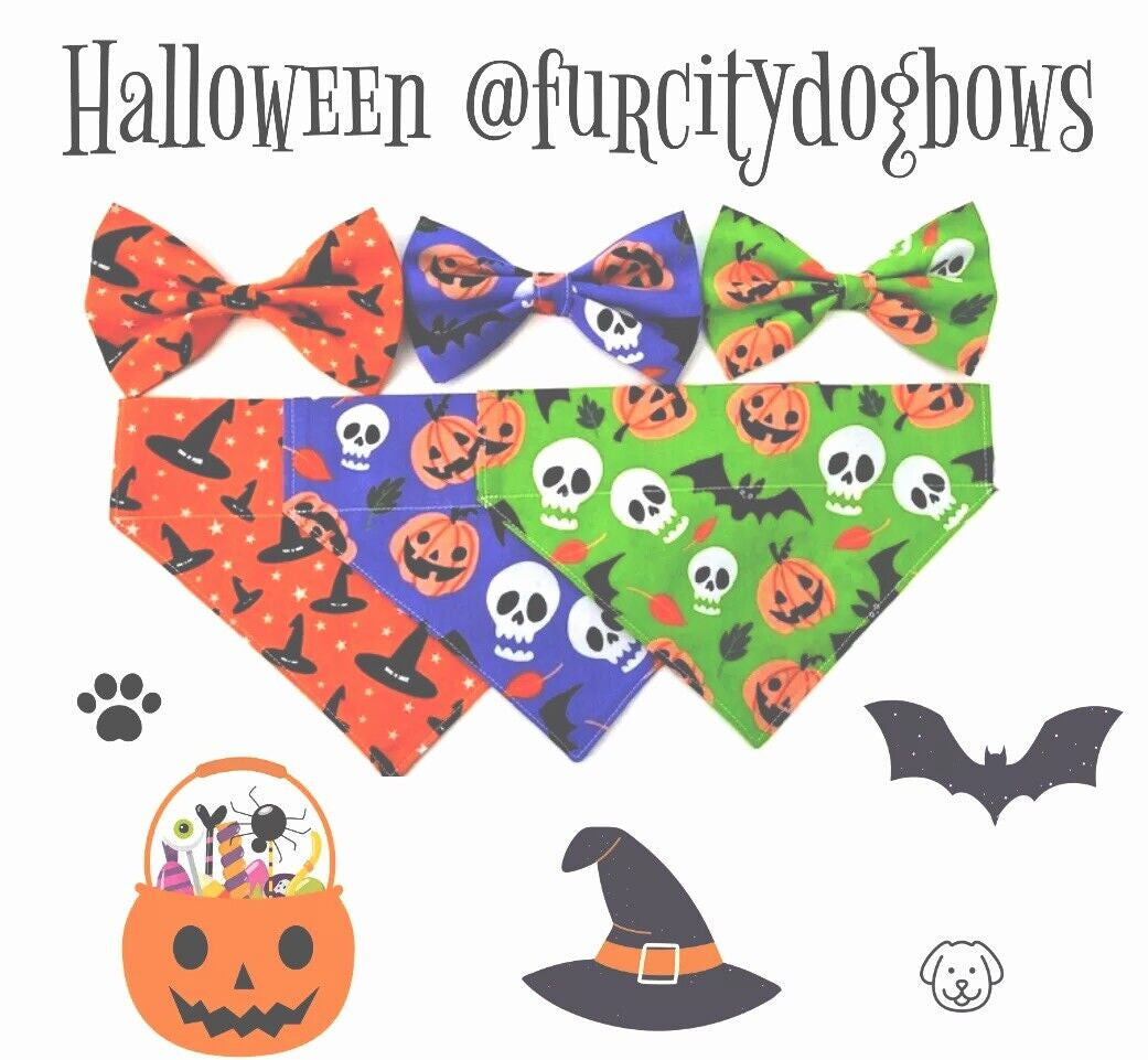 Halloween Dog Collar Accessories Bows & Bandanas Handmade in UK. Multi Sizes